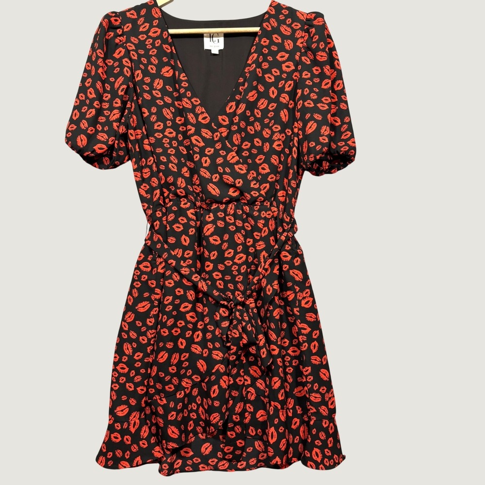 Lola Grace Dress Womens L Lip Print Puff Sleeve Belted Mini Black Red